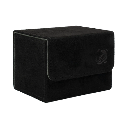 closed black soft resiplush cardcove 100+ deck box with magnetic cover and extra-wide interior for outer sleeves that fits up to 100 double-sleeved or 120 single-sleeved standard or japanese size tcg trading cards