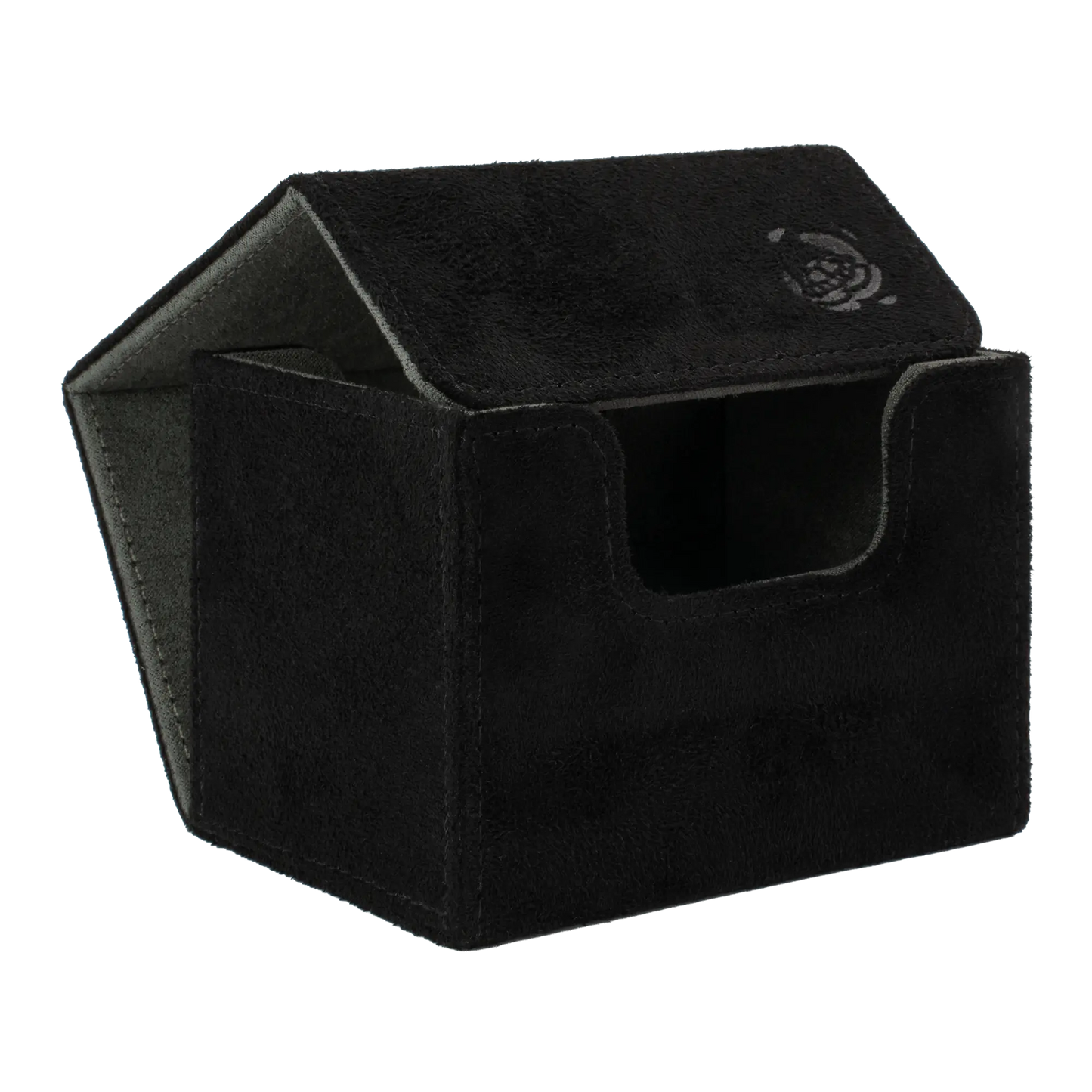 open black soft resiplush cardcove 100+ deck box with magnetic cover and extra-wide interior for outer sleeves that fits up to 100 double-sleeved or 120 single-sleeved standard or japanese size tcg trading cards