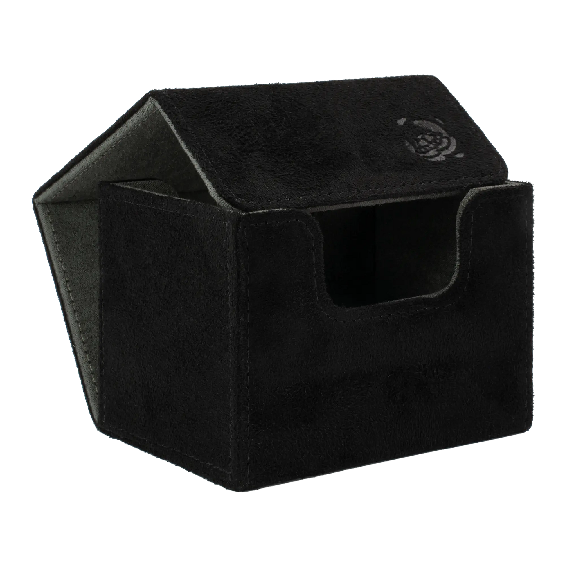 open black soft resiplush cardcove 100+ deck box with magnetic cover and extra-wide interior for outer sleeves that fits up to 100 double-sleeved or 120 single-sleeved standard or japanese size tcg trading cards