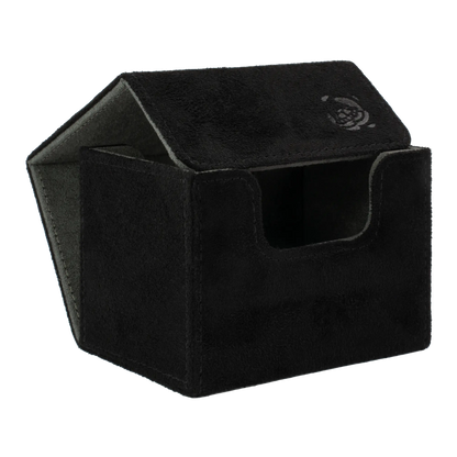 open black soft resiplush cardcove 100+ deck box with magnetic cover and extra-wide interior for outer sleeves that fits up to 100 double-sleeved or 120 single-sleeved standard or japanese size tcg trading cards