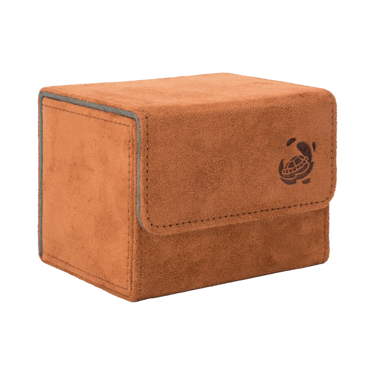 closed brown soft resiplush cardcove 100+ deck box with magnetic cover and extra-wide interior for outer sleeves that fits up to 100 double-sleeved or 120 single-sleeved standard or japanese size tcg trading cards