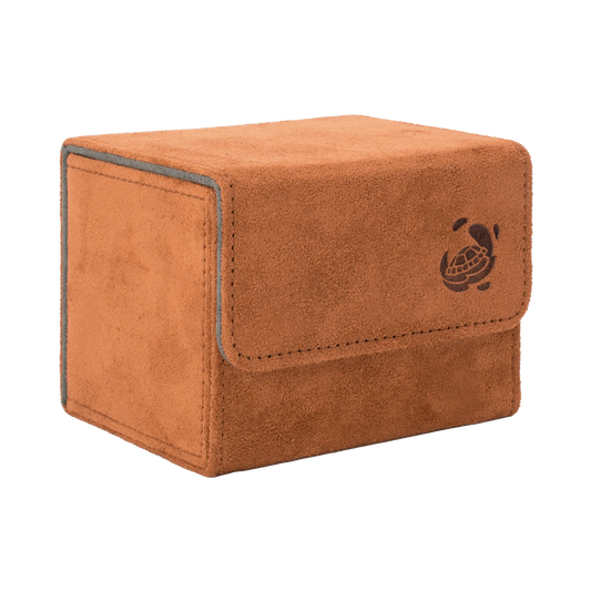 closed brown soft resiplush cardcove 100+ deck box with magnetic cover and extra-wide interior for outer sleeves that fits up to 100 double-sleeved or 120 single-sleeved standard or japanese size tcg trading cards