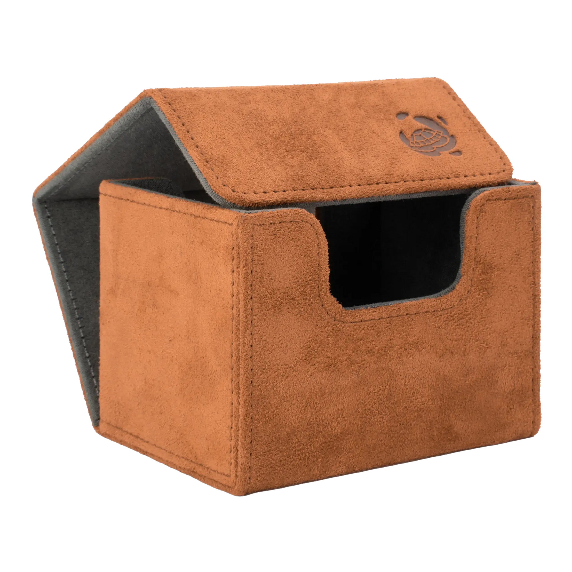 open brown soft resiplush cardcove 100+ deck box with magnetic cover and extra-wide interior for outer sleeves that fits up to 100 double-sleeved or 120 single-sleeved standard or japanese size tcg trading cards