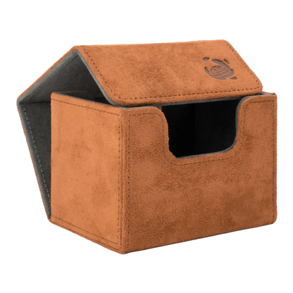 open brown soft resiplush cardcove 100+ deck box with magnetic cover and extra-wide interior for outer sleeves that fits up to 100 double-sleeved or 120 single-sleeved standard or japanese size tcg trading cards
