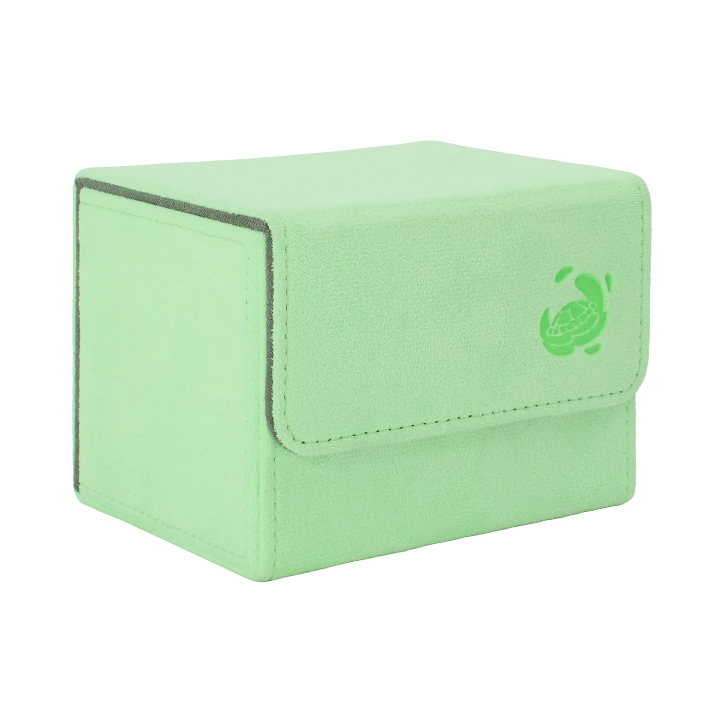 closed pastel green soft resiplush cardcove 100+ deck box with magnetic cover and extra-wide interior for outer sleeves that fits up to 100 double-sleeved or 120 single-sleeved standard or japanese size tcg trading cards
