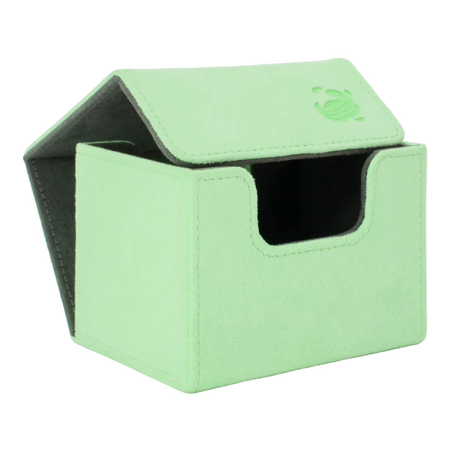 open pastel green soft resiplush cardcove 100+ deck box with magnetic cover and extra-wide interior for outer sleeves that fits up to 100 double-sleeved or 120 single-sleeved standard or japanese size tcg trading cards