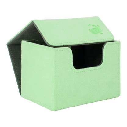 open pastel green soft resiplush cardcove 100+ deck box with magnetic cover and extra-wide interior for outer sleeves that fits up to 100 double-sleeved or 120 single-sleeved standard or japanese size tcg trading cards