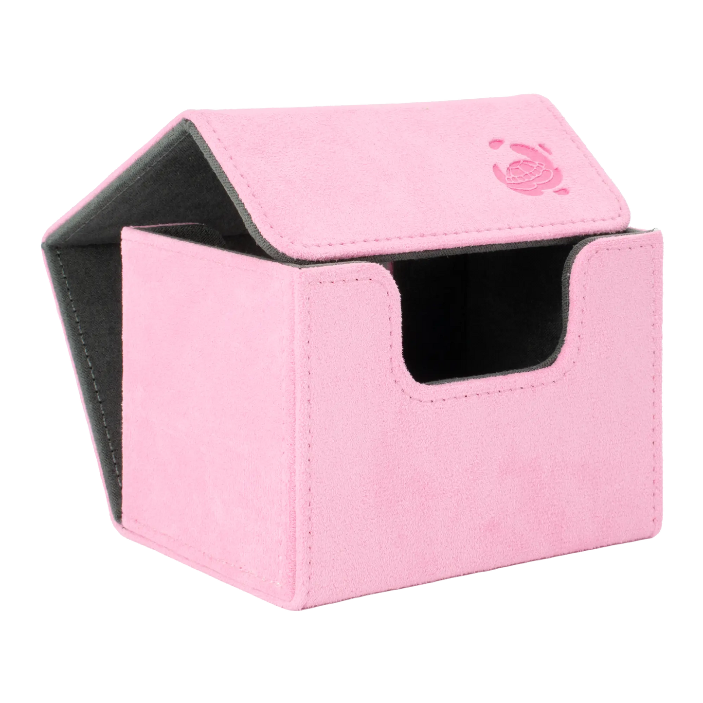 open pastel pink soft resiplush cardcove 100+ deck box with magnetic cover and extra-wide interior for outer sleeves that fits up to 100 double-sleeved or 120 single-sleeved standard or japanese size tcg trading cards