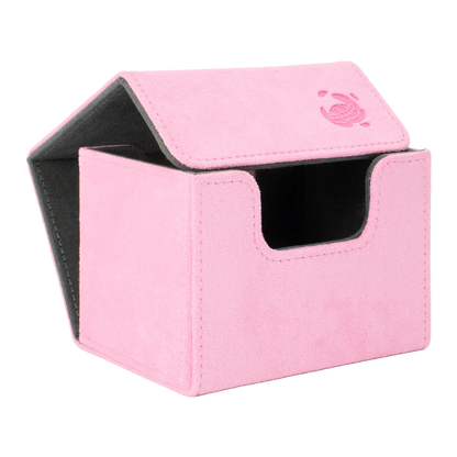 open pastel pink soft resiplush cardcove 100+ deck box with magnetic cover and extra-wide interior for outer sleeves that fits up to 100 double-sleeved or 120 single-sleeved standard or japanese size tcg trading cards