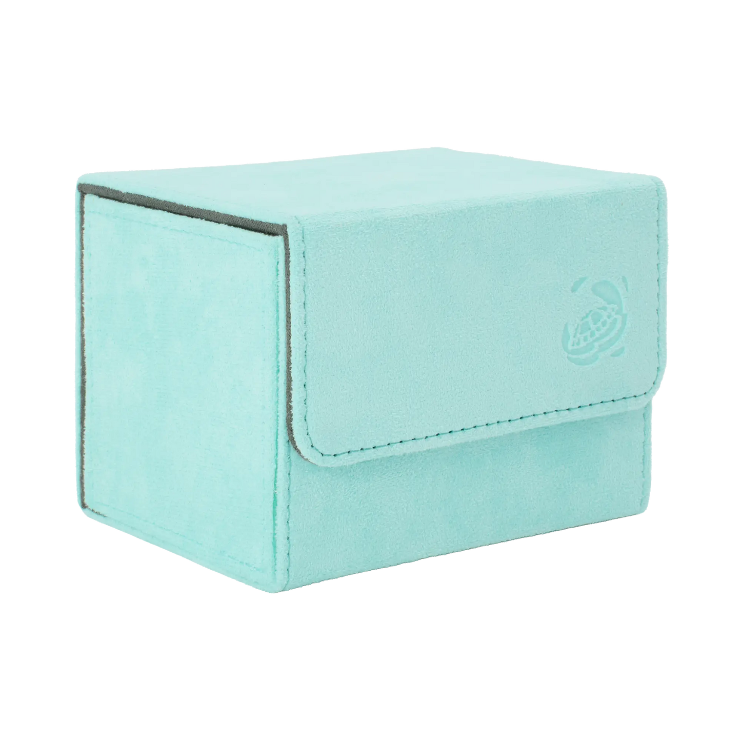 closed turquoise soft resiplush cardcove 100+ deck box with magnetic cover and extra-wide interior for outer sleeves that fits up to 100 double-sleeved or 120 single-sleeved standard or japanese size tcg trading cards
