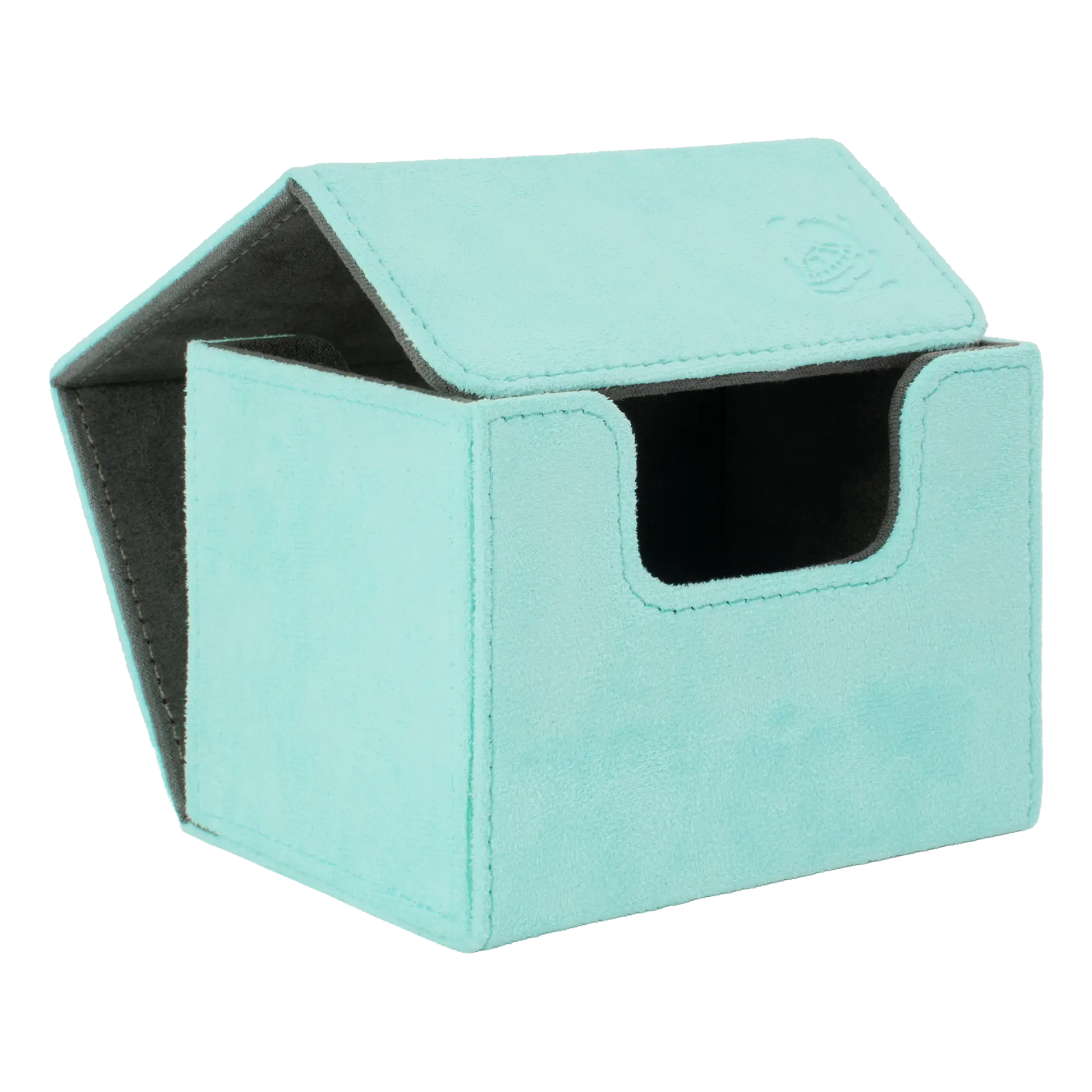 open turquoise soft resiplush cardcove 100+ deck box with magnetic cover and extra-wide interior for outer sleeves that fits up to 100 double-sleeved or 120 single-sleeved standard or japanese size tcg trading cards