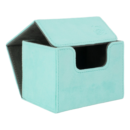 open turquoise soft resiplush cardcove 100+ deck box with magnetic cover and extra-wide interior for outer sleeves that fits up to 100 double-sleeved or 120 single-sleeved standard or japanese size tcg trading cards