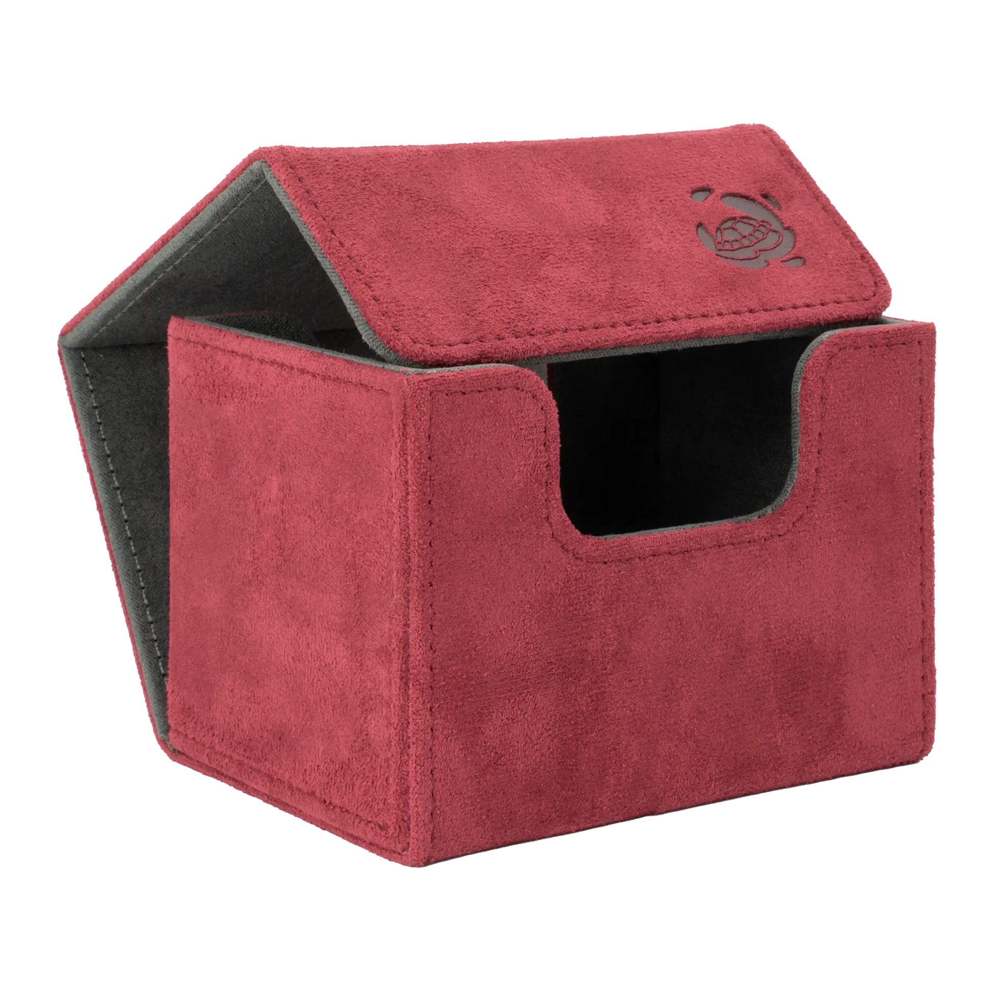 open wine red soft resiplush cardcove 100+ deck box with magnetic cover and extra-wide interior for outer sleeves that fits up to 100 double-sleeved or 120 single-sleeved standard or japanese size tcg trading cards