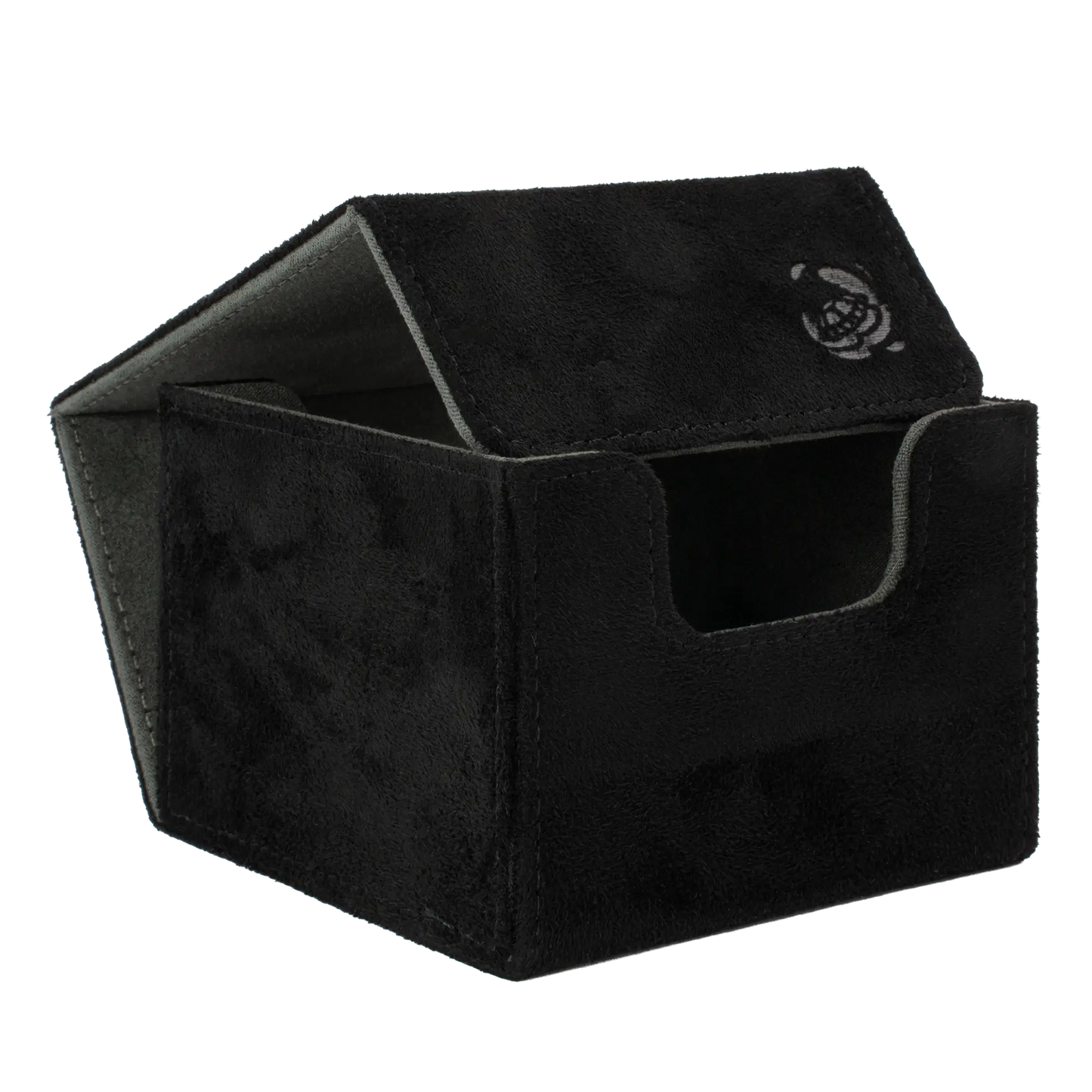 open black soft resiplush cardcove 133+ deck box with magnetic cover and extra-wide interior for outer sleeves that fits up to 133 double-sleeved or 160 single-sleeved standard or japanese size tcg trading cards