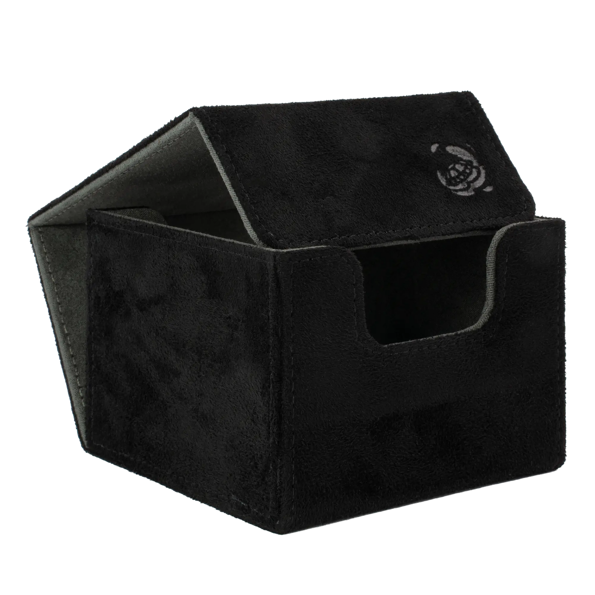 open black soft resiplush cardcove 133+ deck box with magnetic cover and extra-wide interior for outer sleeves that fits up to 133 double-sleeved or 160 single-sleeved standard or japanese size tcg trading cards