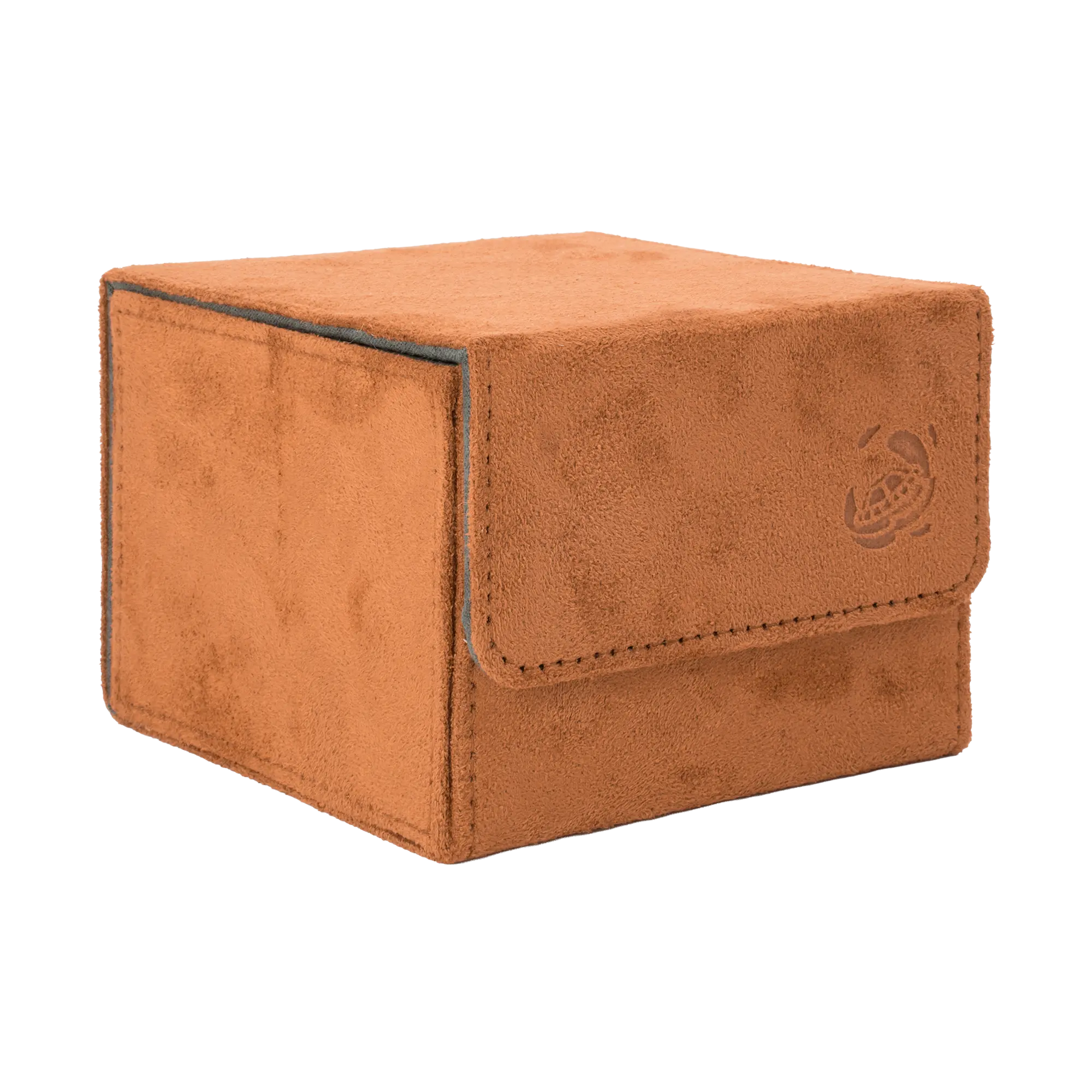closed brown soft resiplush cardcove 133+ deck box with magnetic cover and extra-wide interior for outer sleeves that fits up to 133 double-sleeved or 160 single-sleeved standard or japanese size tcg trading cards