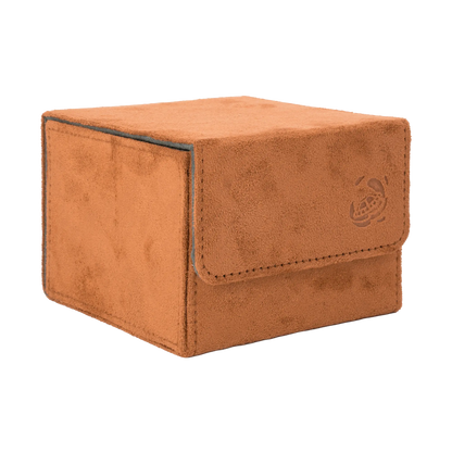 closed brown soft resiplush cardcove 133+ deck box with magnetic cover and extra-wide interior for outer sleeves that fits up to 133 double-sleeved or 160 single-sleeved standard or japanese size tcg trading cards