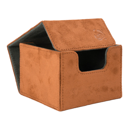 open brown soft resiplush cardcove 133+ deck box with magnetic cover and extra-wide interior for outer sleeves that fits up to 133 double-sleeved or 160 single-sleeved standard or japanese size tcg trading cards