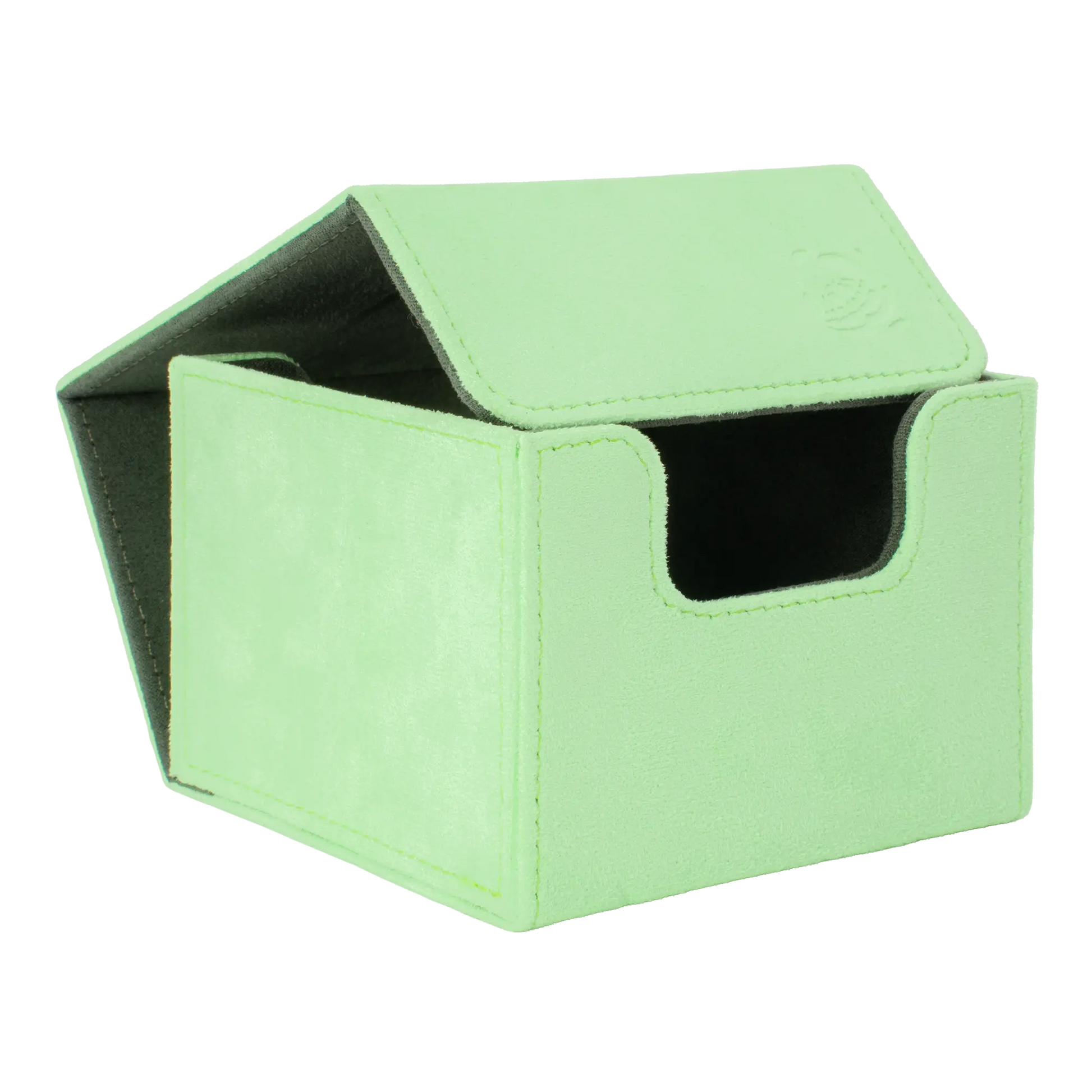 open pastel green soft resiplush cardcove 133+ deck box with magnetic cover and extra-wide interior for outer sleeves that fits up to 133 double-sleeved or 160 single-sleeved standard or japanese size tcg trading cards