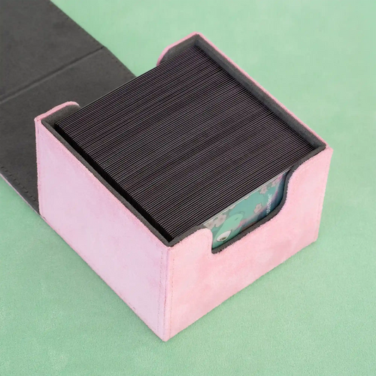 detail view of opened pastel pink resiplush cardcove deck box filled with up to 133 double-sleeved tcg cards