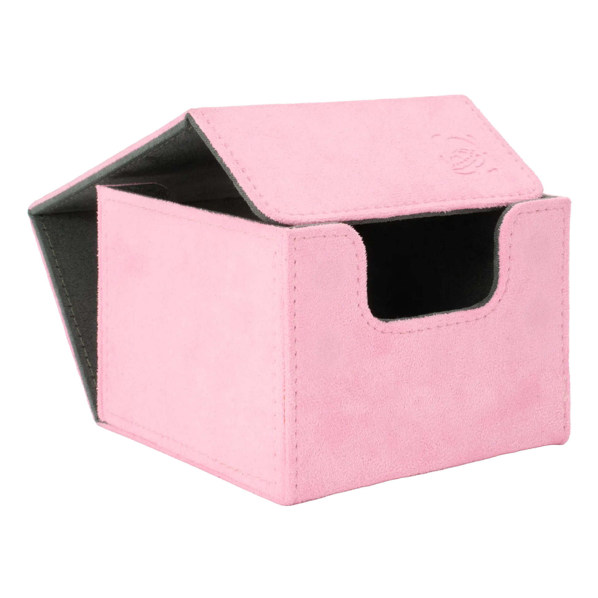open pastel pink soft resiplush cardcove 133+ deck box with magnetic cover and extra-wide interior for outer sleeves that fits up to 133 double-sleeved or 160 single-sleeved standard or japanese size tcg trading cards
