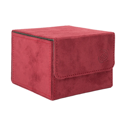 closed wine red soft resiplush cardcove 133+ deck box with magnetic cover and extra-wide interior for outer sleeves that fits up to 133 double-sleeved or 160 single-sleeved standard or japanese size tcg trading cards