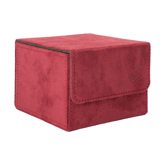 closed wine red soft resiplush cardcove 133+ deck box with magnetic cover and extra-wide interior for outer sleeves that fits up to 133 double-sleeved or 160 single-sleeved standard or japanese size tcg trading cards