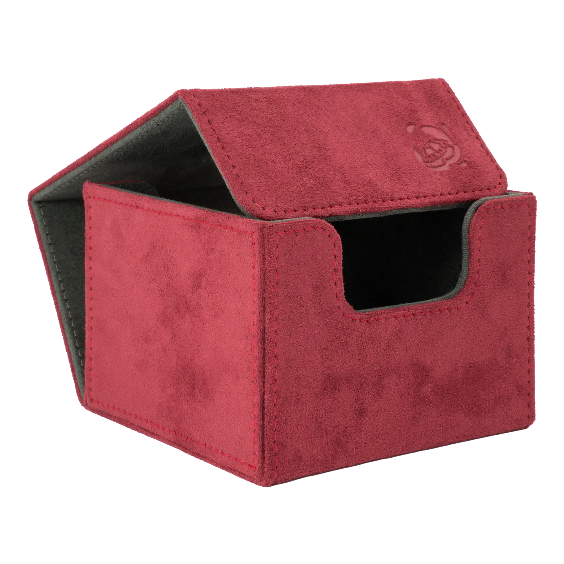 open wine red soft resiplush cardcove 133+ deck box with magnetic cover and extra-wide interior for outer sleeves that fits up to 133 double-sleeved or 160 single-sleeved standard or japanese size tcg trading cards