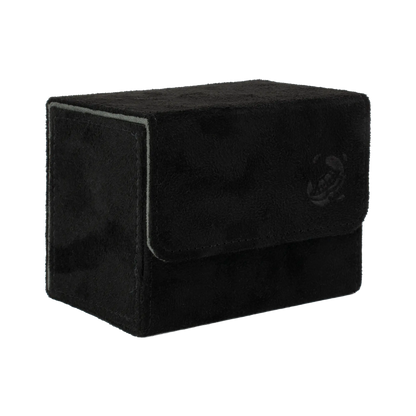 closed black soft resiplush cardcove 80+ deck box with magnetic cover and extra-wide interior for outer sleeves that fits up to 80 double-sleeved or 100 single-sleeved standard or japanese size tcg trading cards