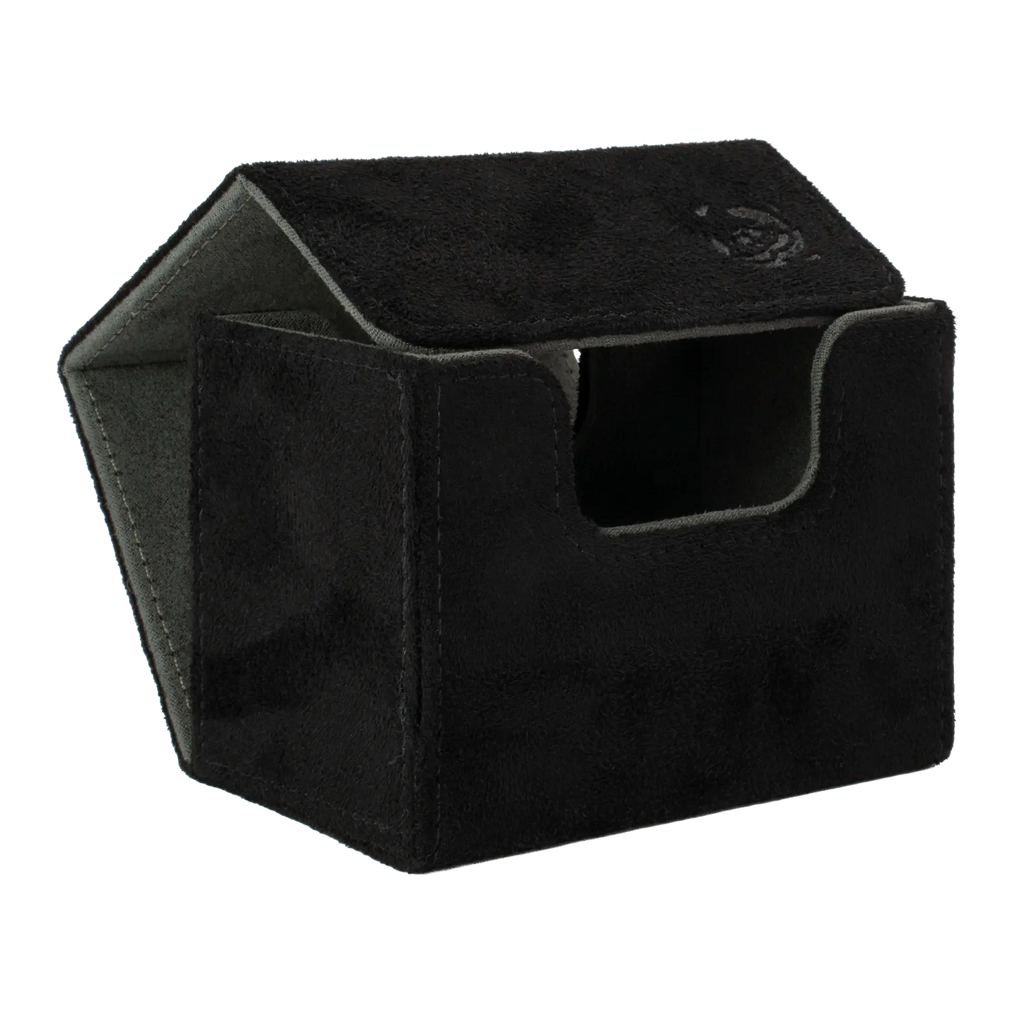 open black soft resiplush cardcove 80+ deck box with magnetic cover and extra-wide interior for outer sleeves that fits up to 80 double-sleeved or 100 single-sleeved standard or japanese size tcg trading cards