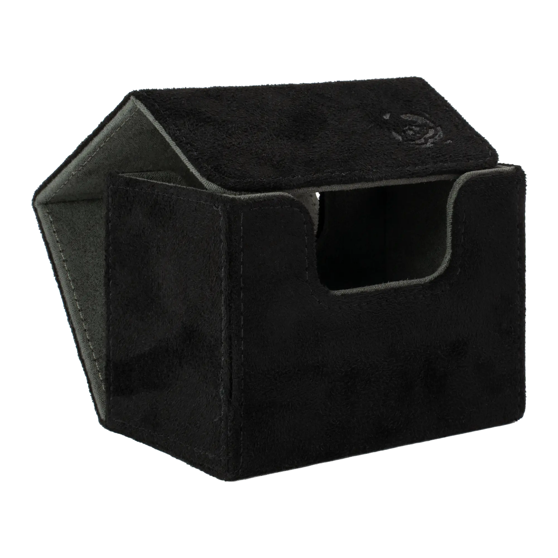 open black soft resiplush cardcove 80+ deck box with magnetic cover and extra-wide interior for outer sleeves that fits up to 80 double-sleeved or 100 single-sleeved standard or japanese size tcg trading cards