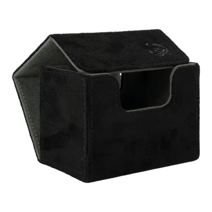 open black soft resiplush cardcove 80+ deck box with magnetic cover and extra-wide interior for outer sleeves that fits up to 80 double-sleeved or 100 single-sleeved standard or japanese size tcg trading cards