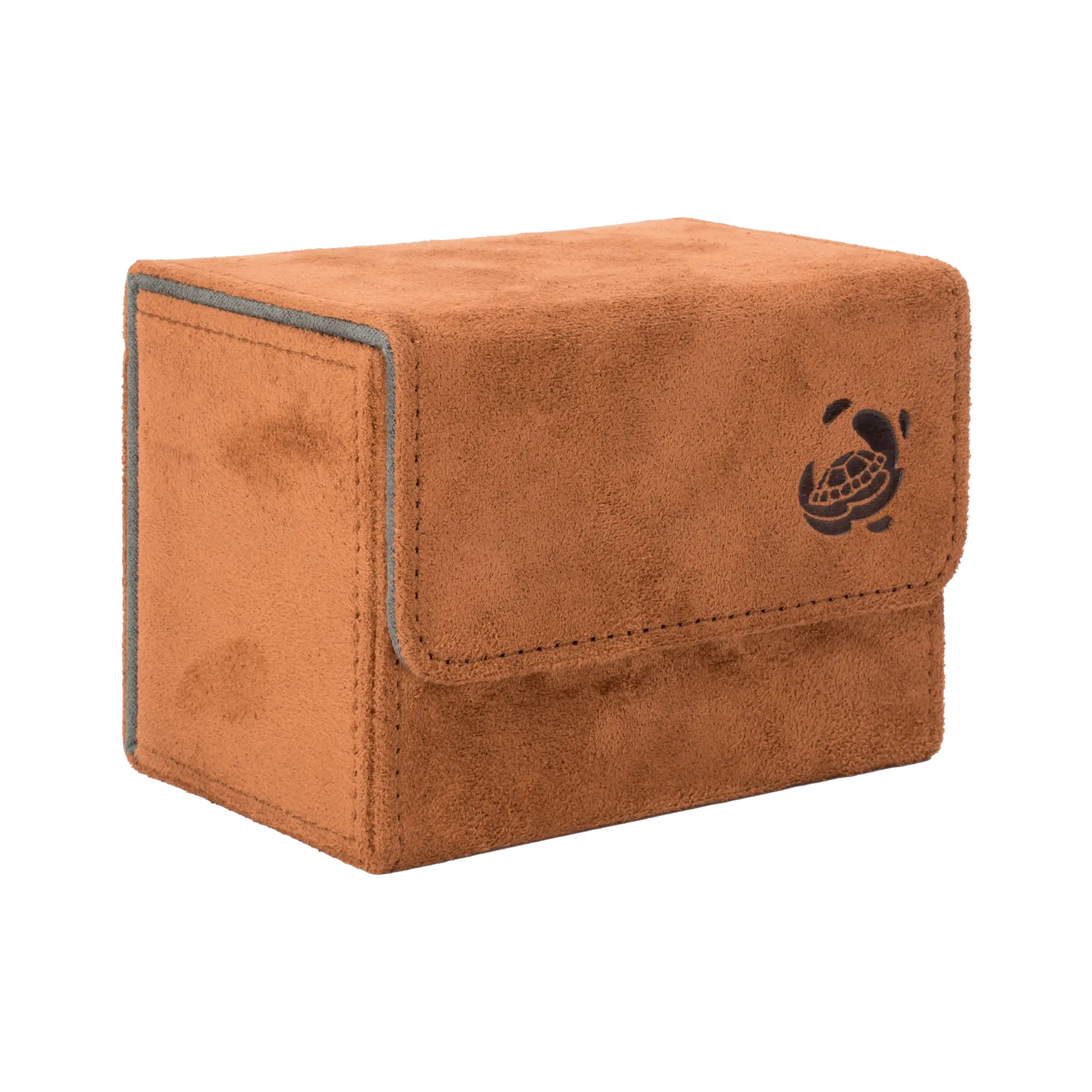 closed brown soft resiplush cardcove 80+ deck box with magnetic cover and extra-wide interior for outer sleeves that fits up to 80 double-sleeved or 100 single-sleeved standard or japanese size tcg trading cards