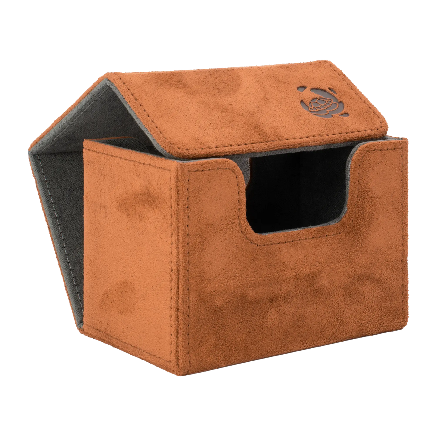 open brown soft resiplush cardcove 80+ deck box with magnetic cover and extra-wide interior for outer sleeves that fits up to 80 double-sleeved or 100 single-sleeved standard or japanese size tcg trading cards