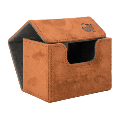 open brown soft resiplush cardcove 80+ deck box with magnetic cover and extra-wide interior for outer sleeves that fits up to 80 double-sleeved or 100 single-sleeved standard or japanese size tcg trading cards