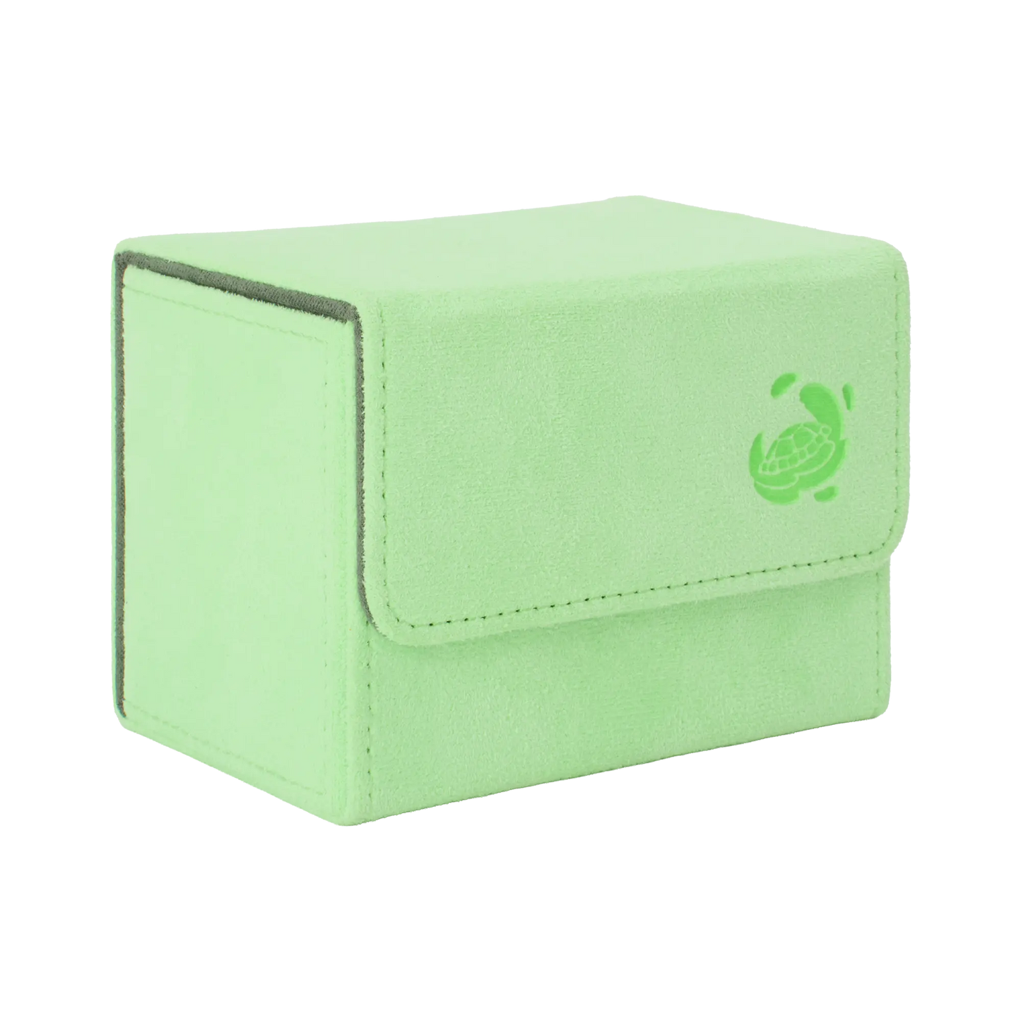 closed pastel green soft resiplush cardcove 80+ deck box with magnetic cover and extra-wide interior for outer sleeves that fits up to 80 double-sleeved or 100 single-sleeved standard or japanese size tcg trading cards