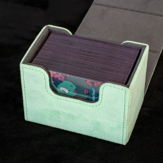 detail view of opened pastel green resiplush cardcove deck box filled with up to 80 double-sleeved tcg cards
