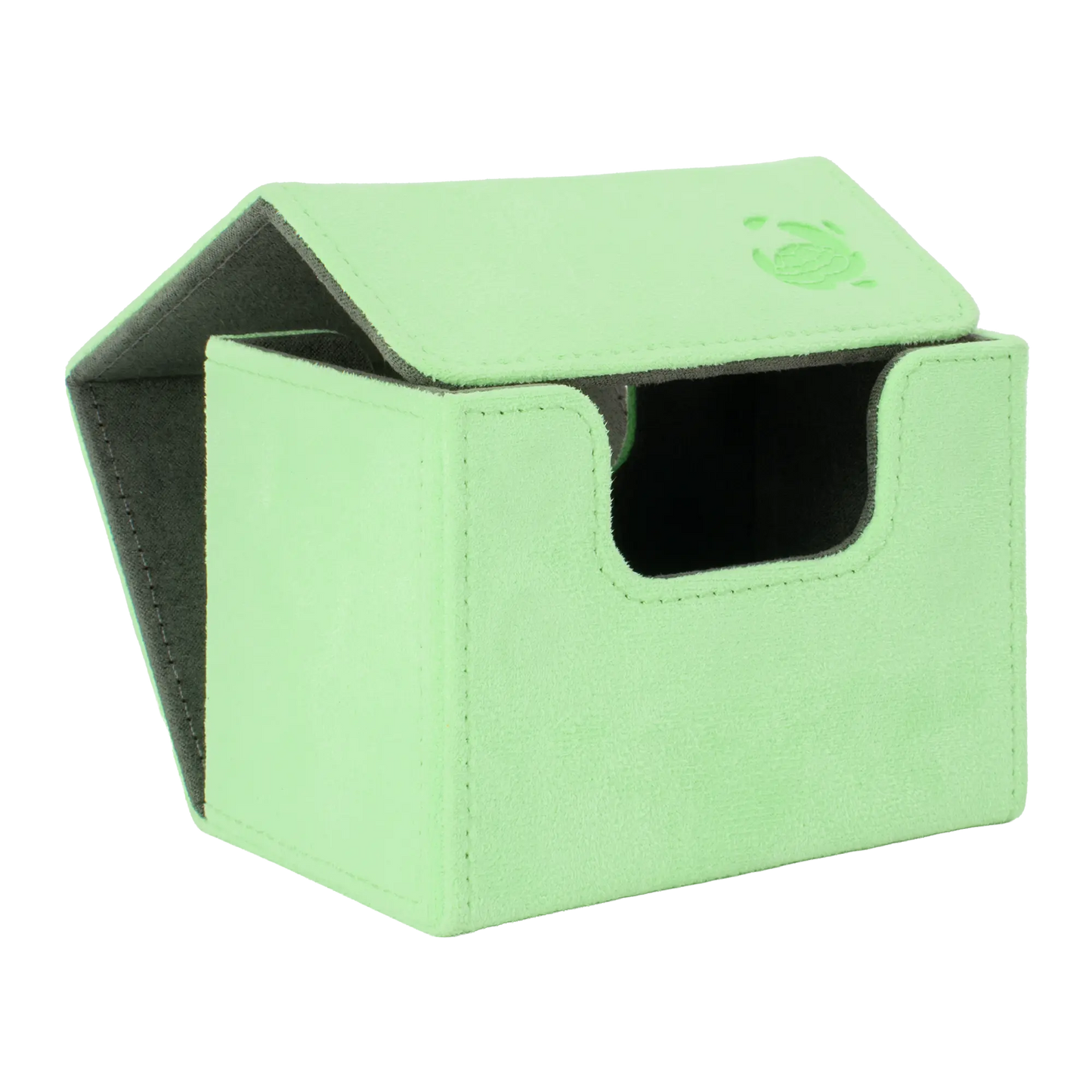 open pastel green soft resiplush cardcove 80+ deck box with magnetic cover and extra-wide interior for outer sleeves that fits up to 80 double-sleeved or 100 single-sleeved standard or japanese size tcg trading cards