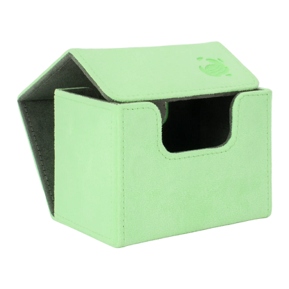 open pastel green soft resiplush cardcove 80+ deck box with magnetic cover and extra-wide interior for outer sleeves that fits up to 80 double-sleeved or 100 single-sleeved standard or japanese size tcg trading cards