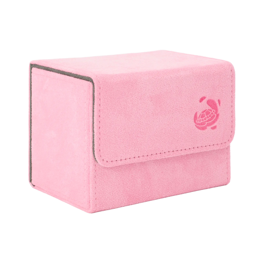 closed pastel pink soft resiplush cardcove 80+ deck box with magnetic cover and extra-wide interior for outer sleeves that fits up to 80 double-sleeved or 100 single-sleeved standard or japanese size tcg trading cards