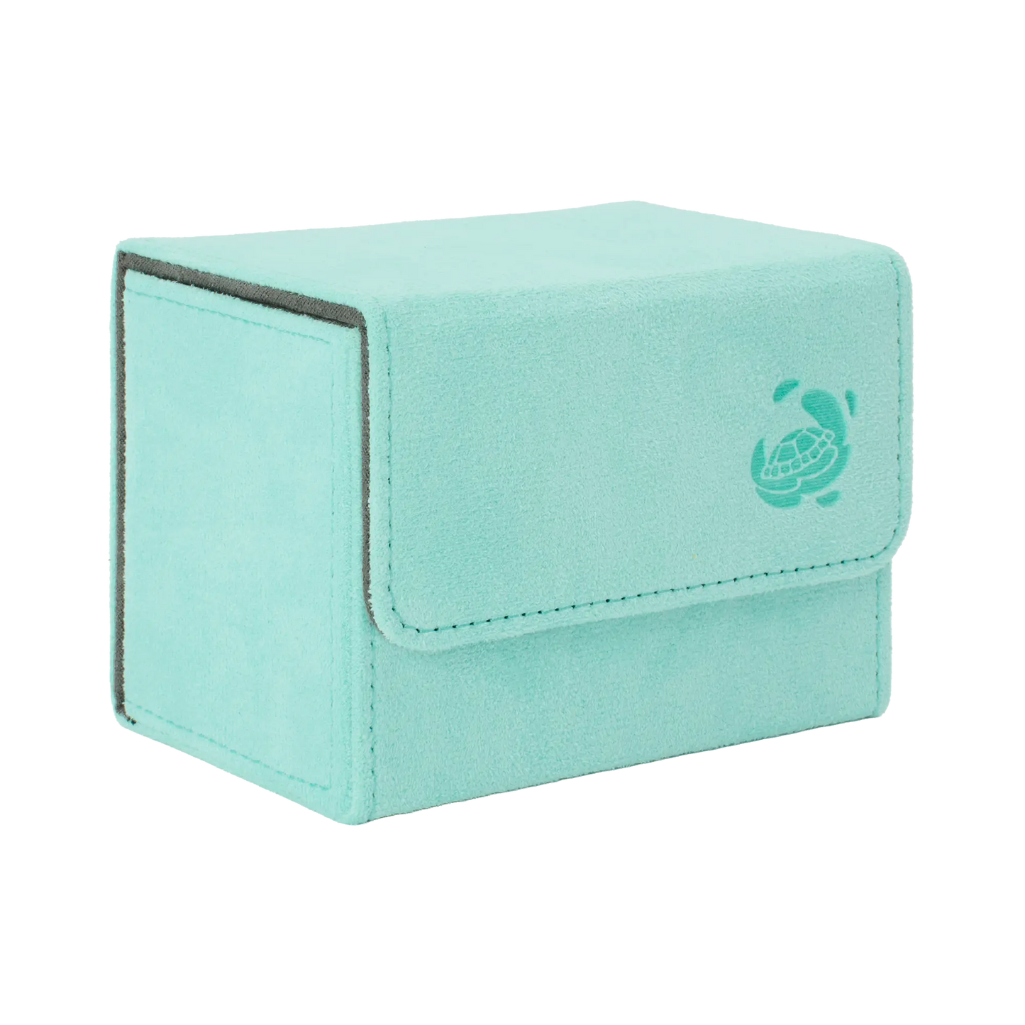 closed turquoise soft resiplush cardcove 80+ deck box with magnetic cover and extra-wide interior for outer sleeves that fits up to 80 double-sleeved or 100 single-sleeved standard or japanese size tcg trading cards