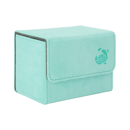 closed turquoise soft resiplush cardcove 80+ deck box with magnetic cover and extra-wide interior for outer sleeves that fits up to 80 double-sleeved or 100 single-sleeved standard or japanese size tcg trading cards