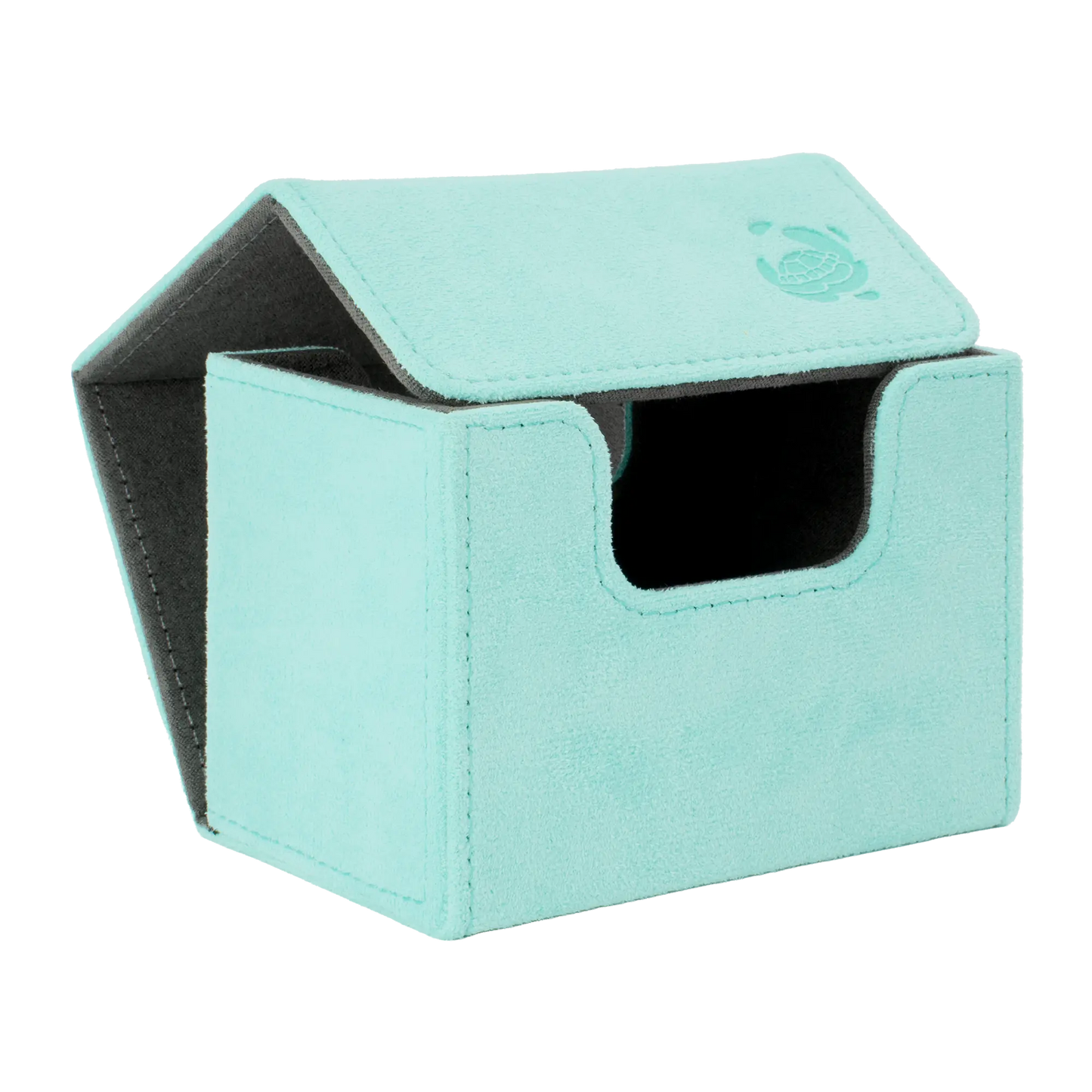 open turquoise soft resiplush cardcove 80+ deck box with magnetic cover and extra-wide interior for outer sleeves that fits up to 80 double-sleeved or 100 single-sleeved standard or japanese size tcg trading cards