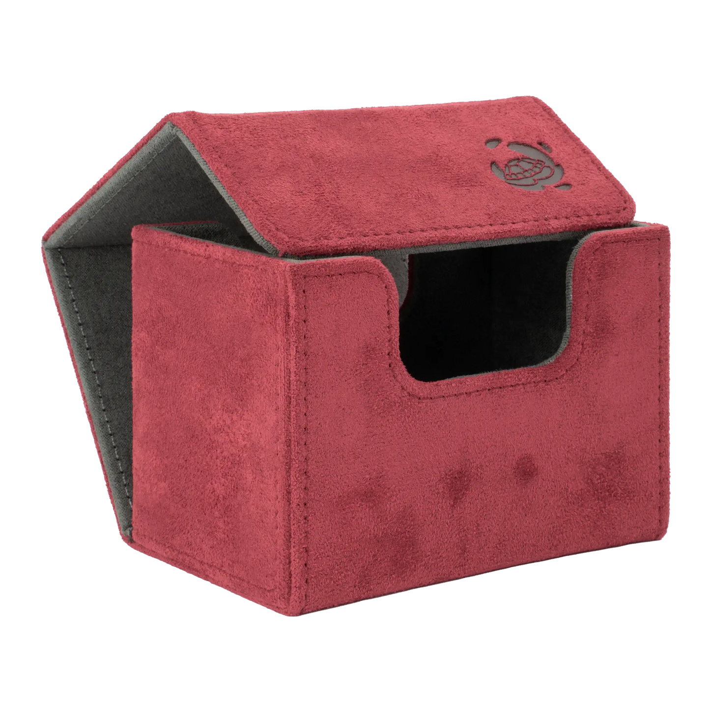 open wine red soft resiplush cardcove 80+ deck box with magnetic cover and extra-wide interior for outer sleeves that fits up to 80 double-sleeved or 100 single-sleeved standard or japanese size tcg trading cards