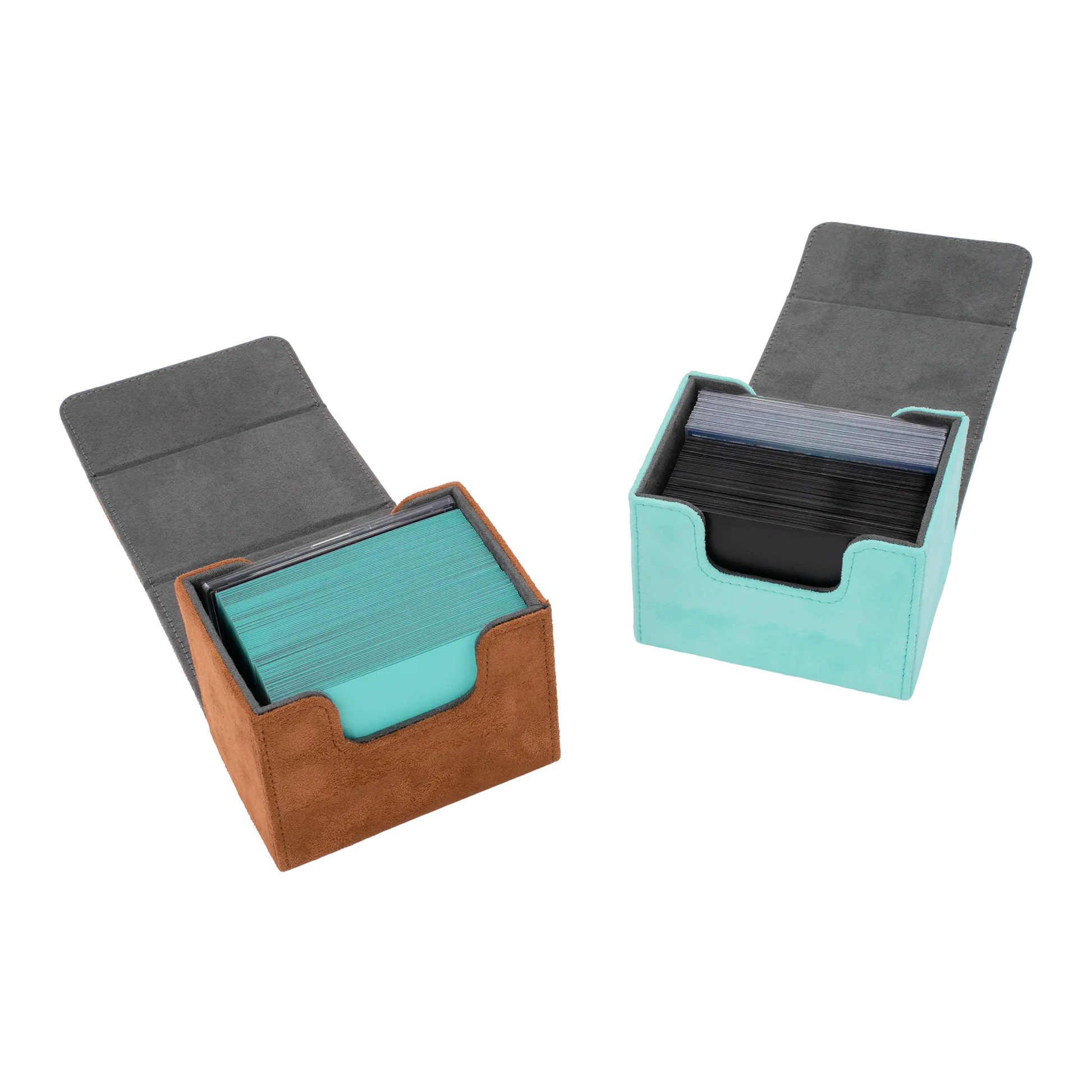 side by side view of opened brown and turquoise resiplush cardcoves deck boxes for up to 100 double-sleeved tcg cards