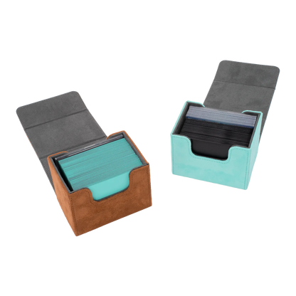side by side view of opened brown and turquoise resiplush cardcoves deck boxes for up to 100 double-sleeved tcg cards