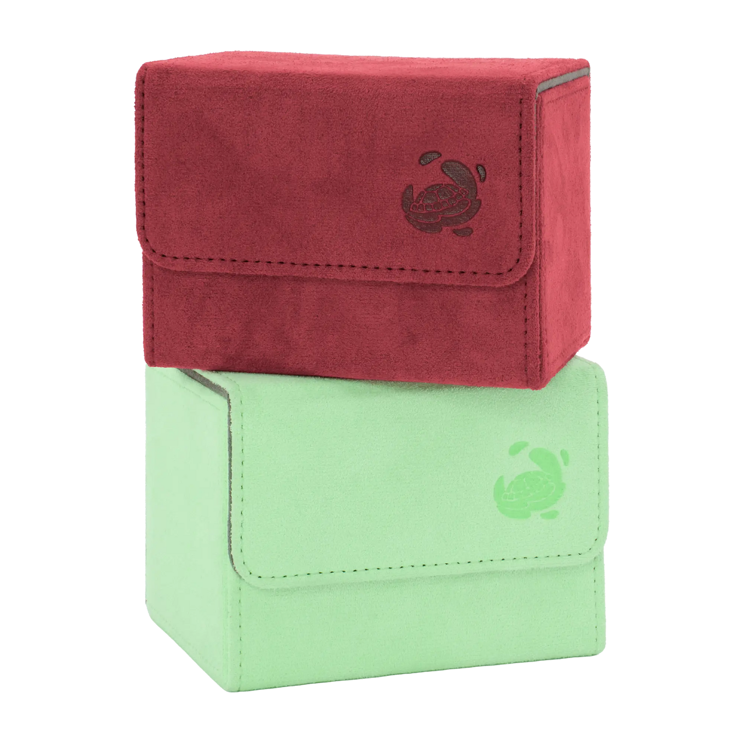 wine red and pastel green resiplush card coves deck boxes for up to 100+ double-sleeved tcg cards stacked on top of each other
