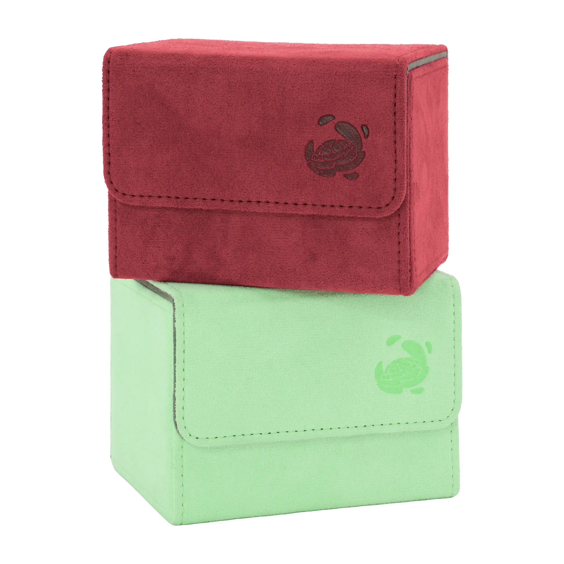 wine red and pastel green resiplush card coves deck boxes for up to 100+ double-sleeved tcg cards stacked on top of each other