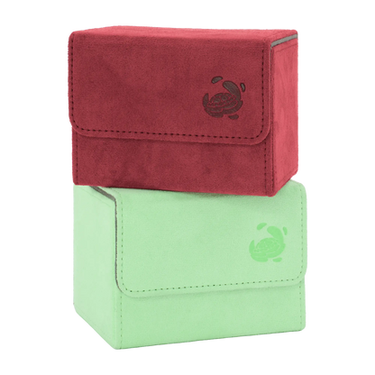 wine red and pastel green resiplush card coves deck boxes for up to 100+ double-sleeved tcg cards stacked on top of each other