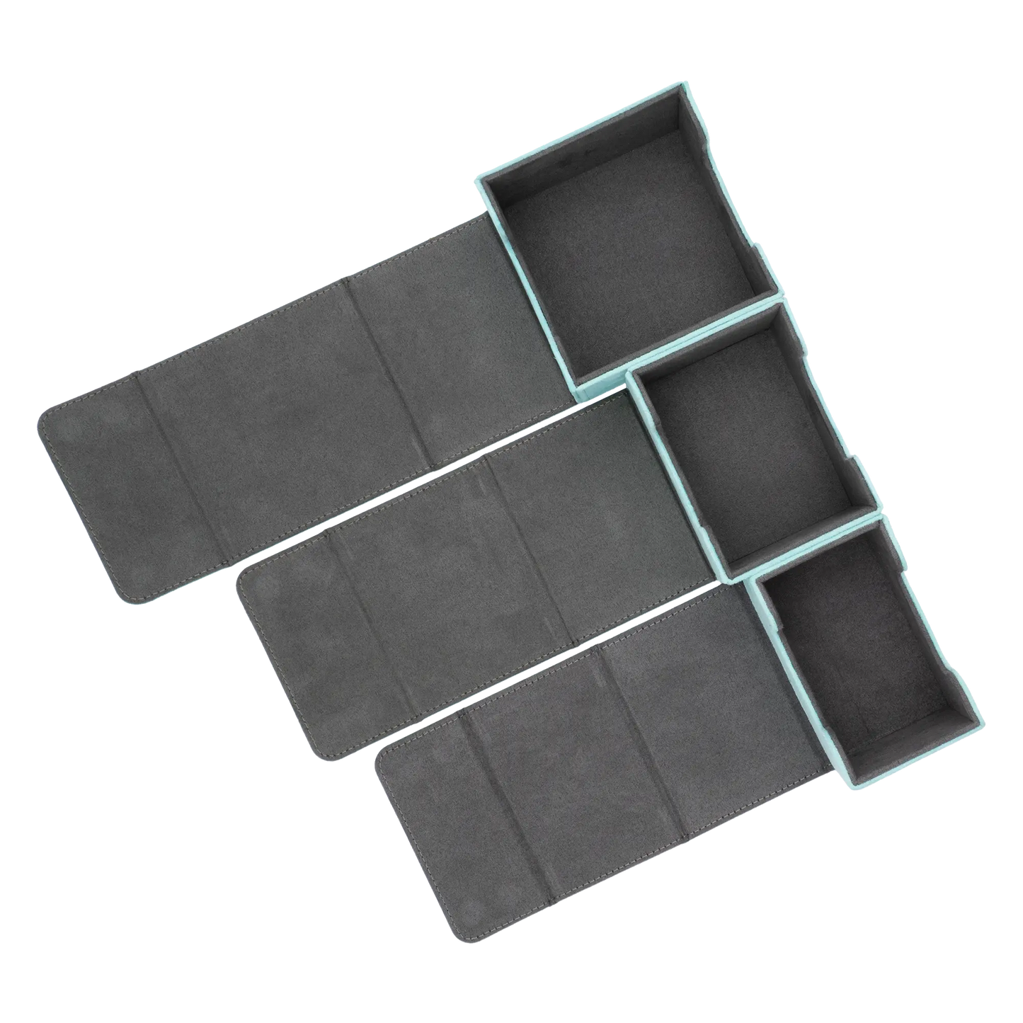 comparison of turquoise 80, 100 and 133 resiplush cardcoves deck boxes with magnetic cover and extra-wide interior for outer sleeves that fits double- and single-sleeved tcg trading cards
